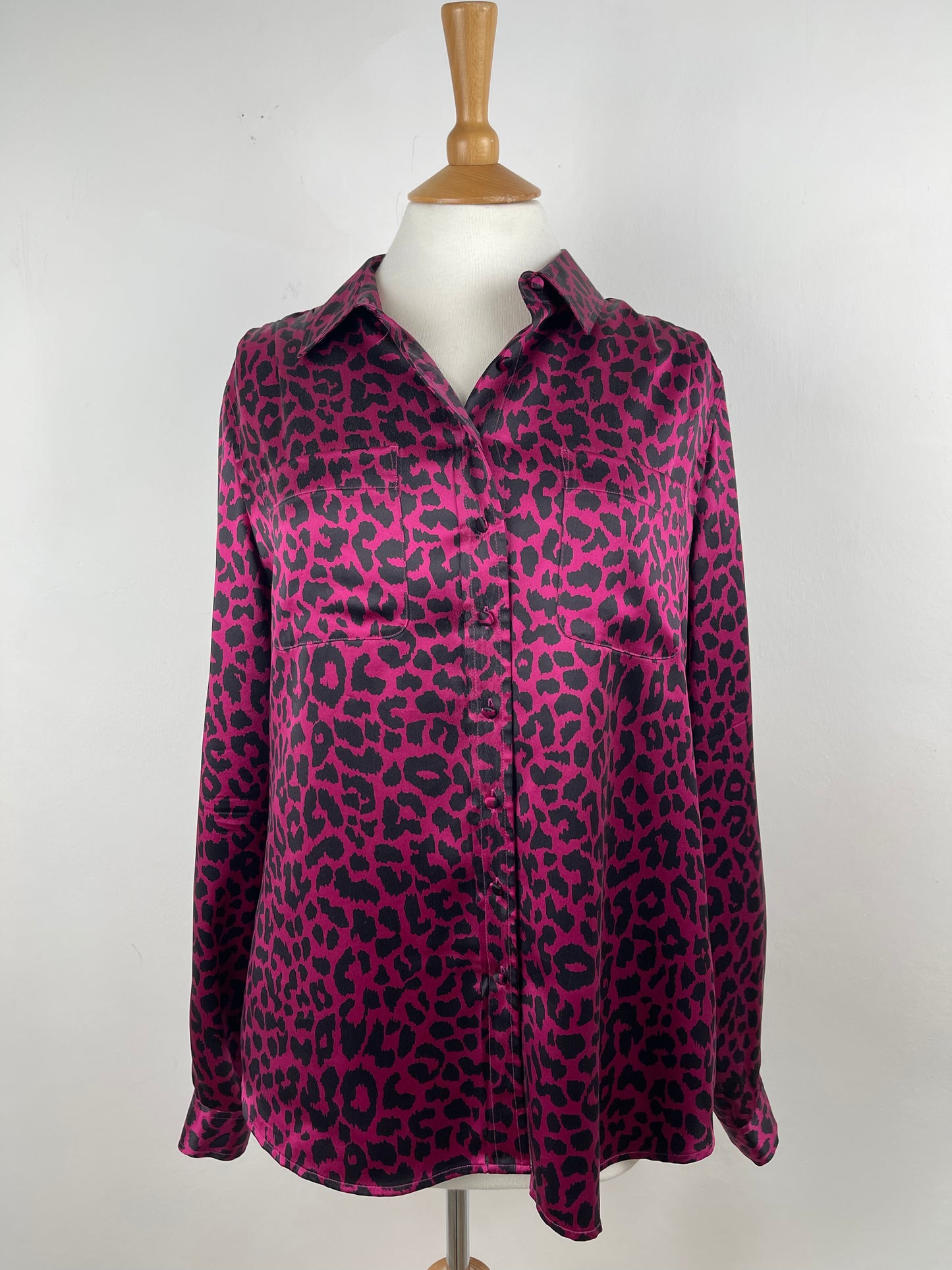 Cerise Pink & Black Satin Silk Blouse by Jaeger | Size M