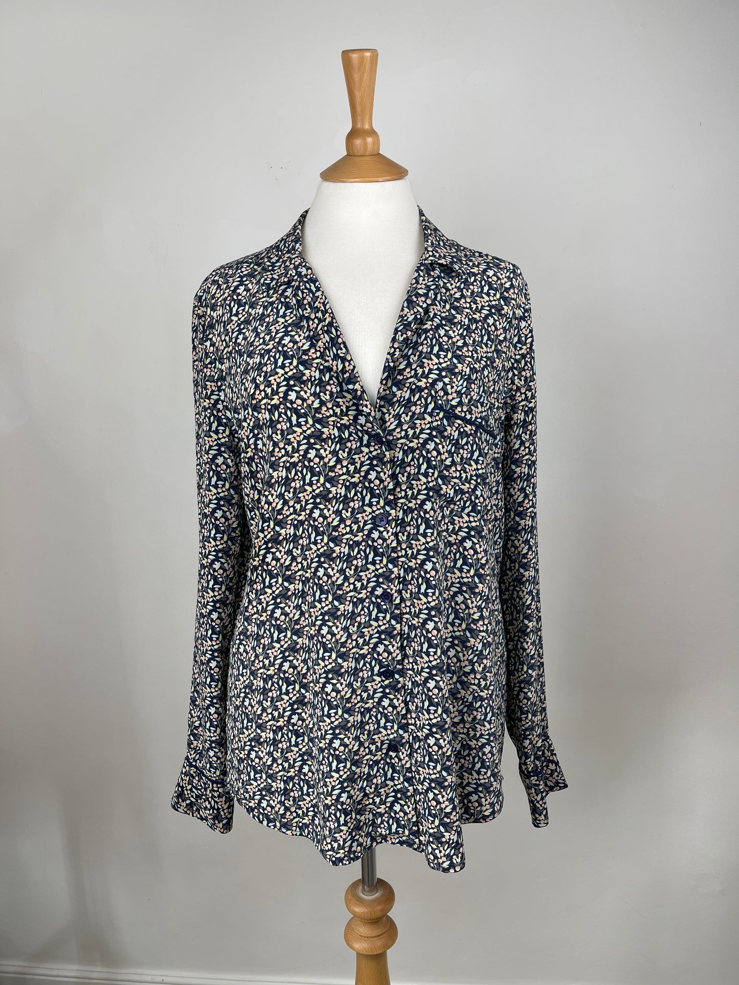 Navy, Pink & Green Ditsy Print Silk Blouse by Equipment | Size L
