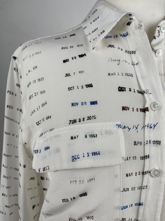 White Silk Blouse with Date Print by Equipment | Size S