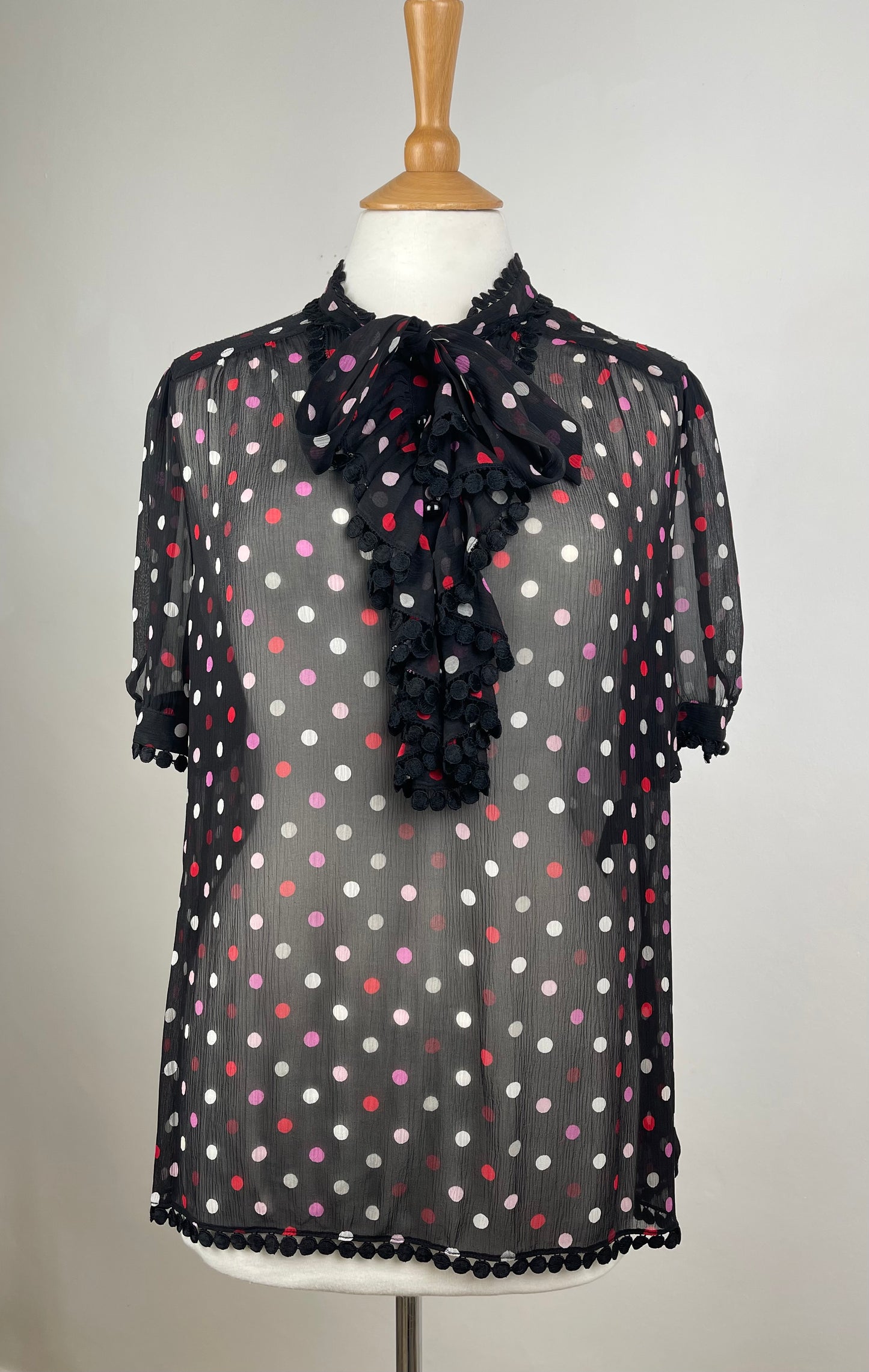 Black Polka Dot Sheer Chiffon Silk Blouse by Jaeger | M