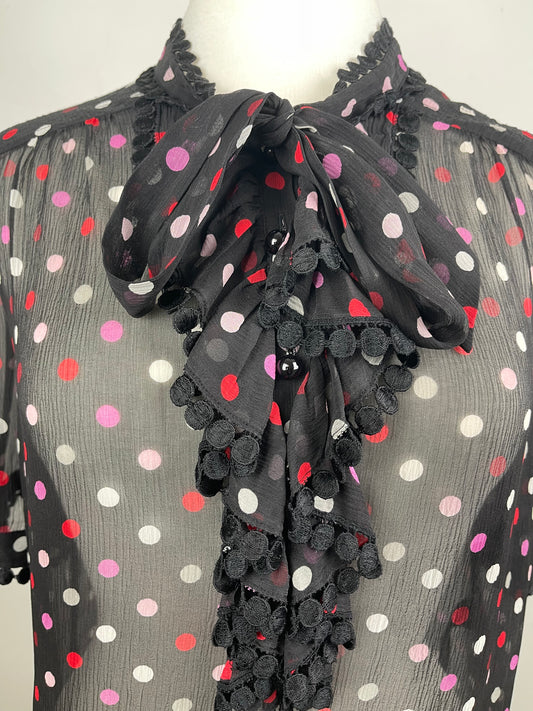 Black Polka Dot Sheer Chiffon Silk Blouse by Jaeger | M