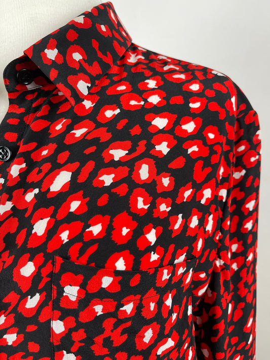 Red, Black & White Patterned Silk Blouse by Jaeger | Size L