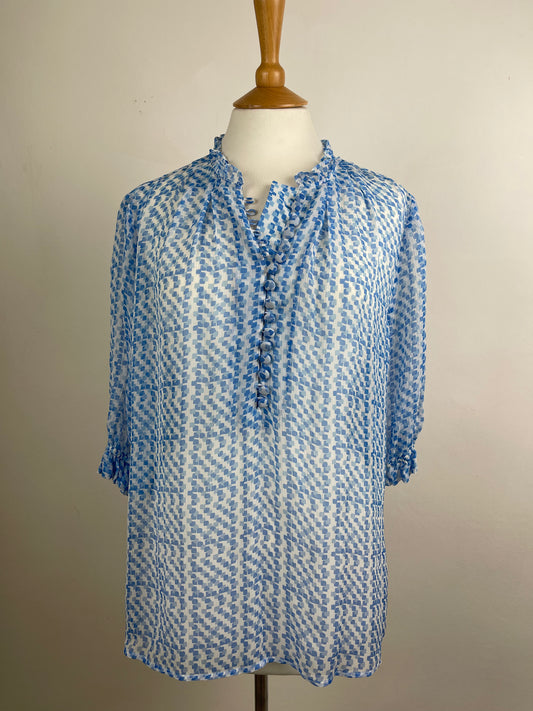 Blue and White Short Sleeve Silk Blouse by The Fold | L