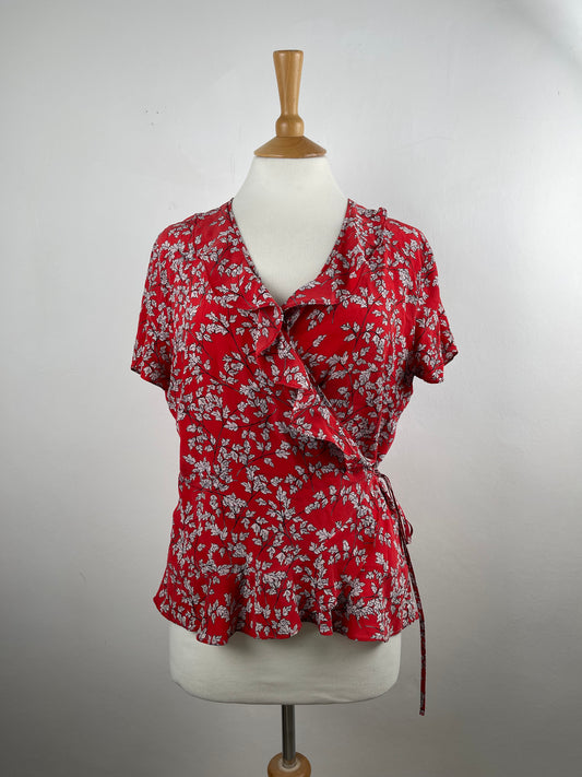 Red and Grey Pure Silk Blouse by Jigsaw | Size M