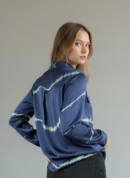 Navy Tie Dye Satin Blouse by Equipment | Size S