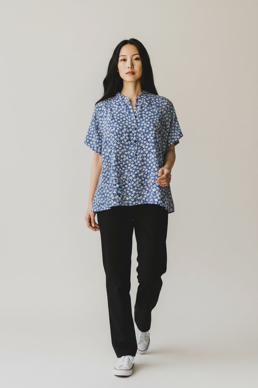 Blue and White Pure Silk Blouse by Gerard Darel | L