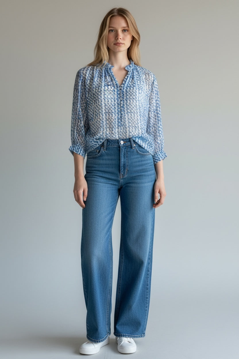 Blue and White Short Sleeve Silk Blouse by The Fold | L