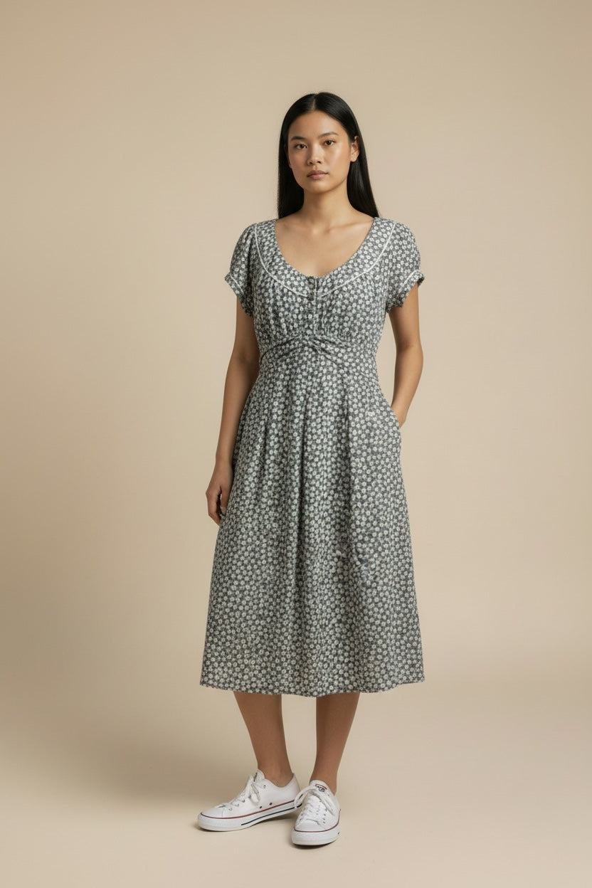 Grey and White Pure Silk Sundress by Gerard Darel | Size M