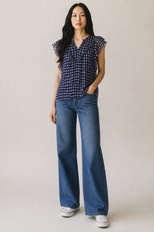 Blue and Cream Libellule Gaucho Star Print Silk Blouse by Diane Von Fustenberg |Size S