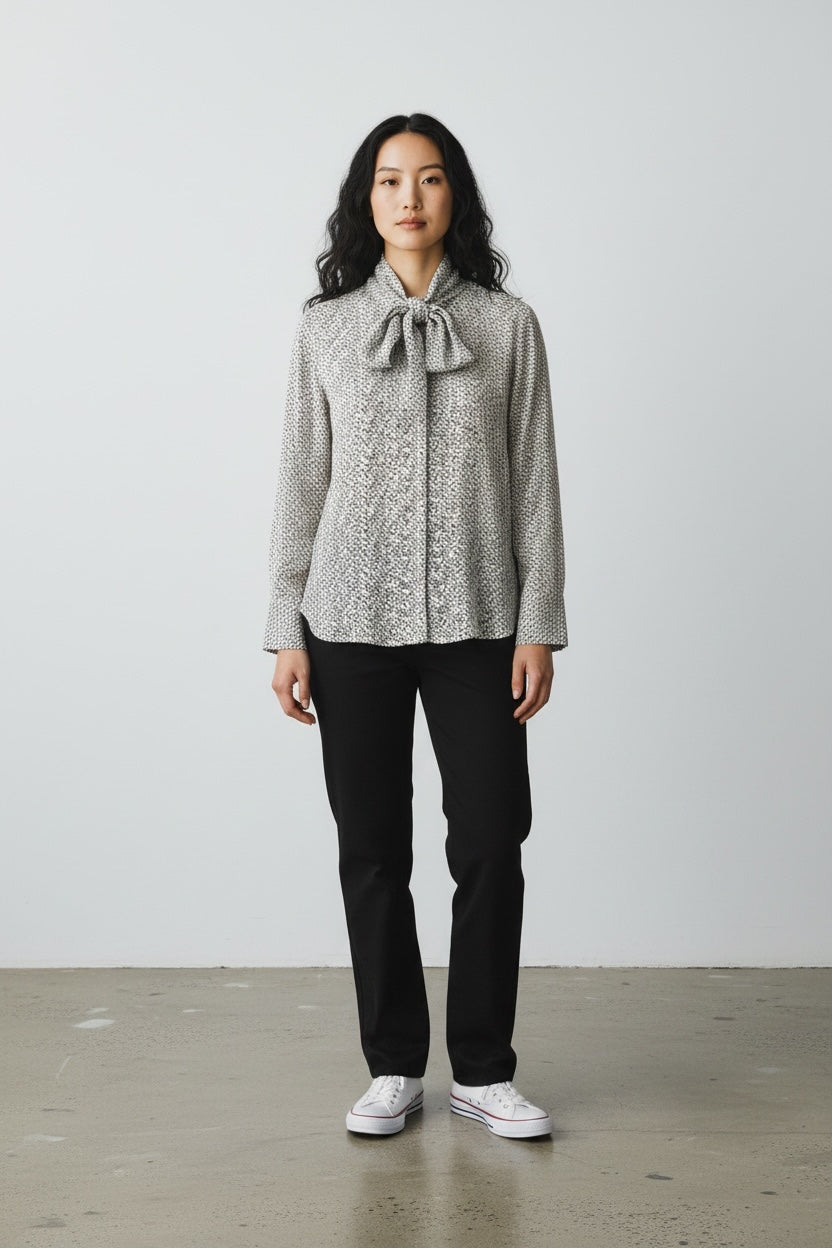 Black and White Pussy Bow Silk Blouse by Jigsaw | Size M