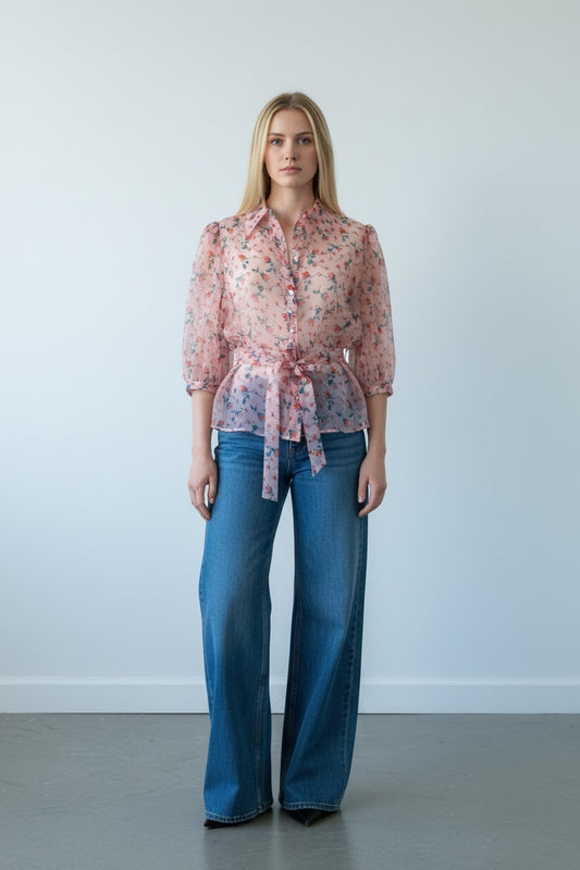 Rare Pink Organza Rose Bud Print Silk Blouse by LK Bennett | Size L