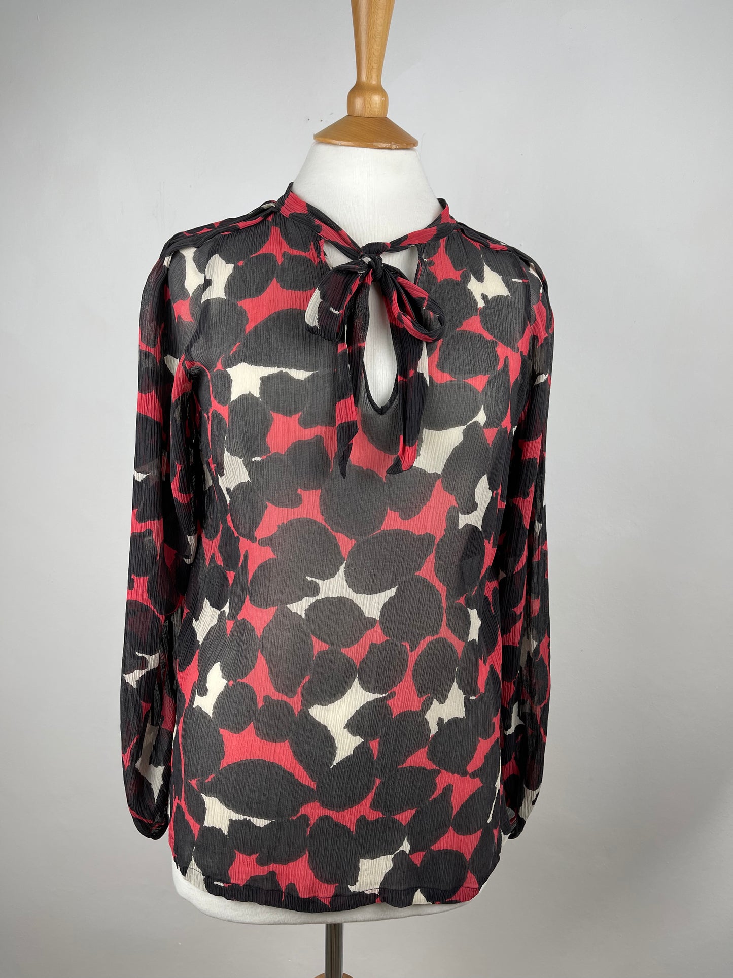 Red and Black Sheer Chiffon Silk Blouse by Jaeger London | Size M
