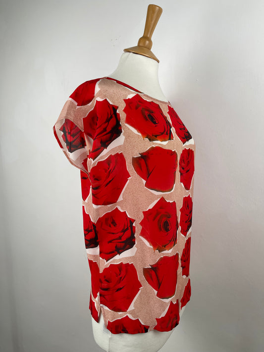 Red & White Rose Print Silk Top by Paul Smith | Size M