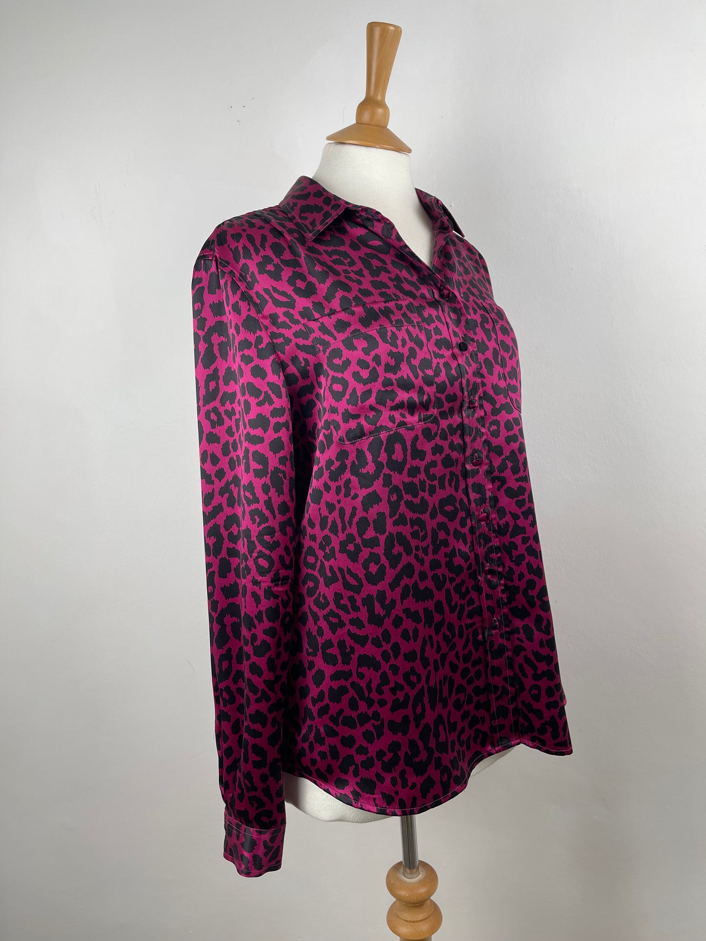 Cerise Pink & Black Satin Silk Blouse by Jaeger | Size M
