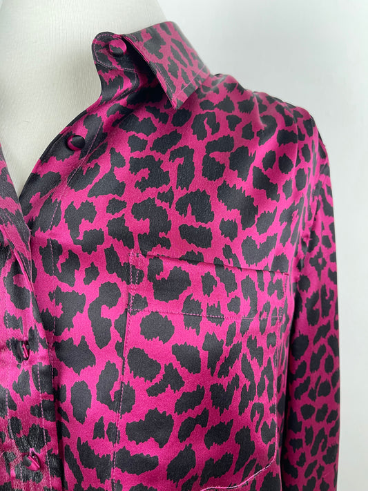 Cerise Pink & Black Satin Silk Blouse by Jaeger | Size M
