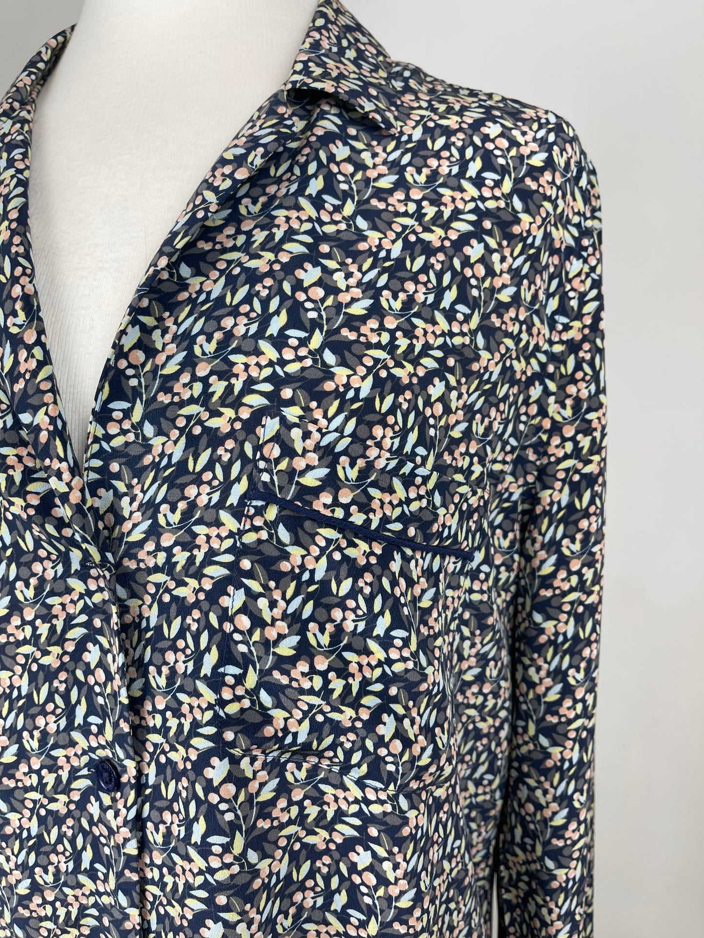Navy, Pink & Green Ditsy Print Silk Blouse by Equipment | Size L