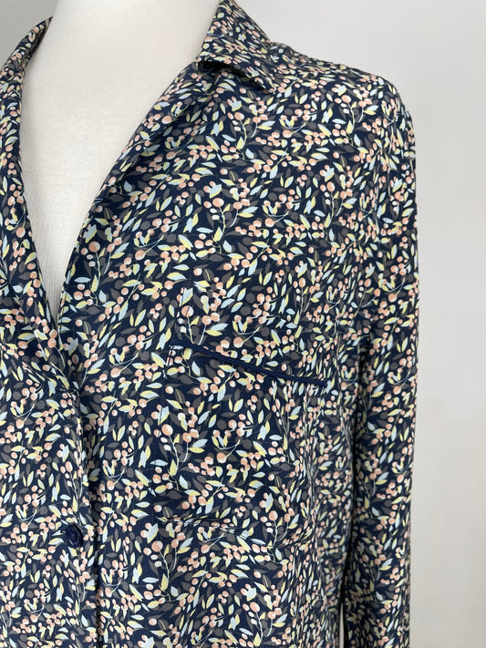 Navy, Pink & Green Ditsy Print Silk Blouse by Equipment | Size L