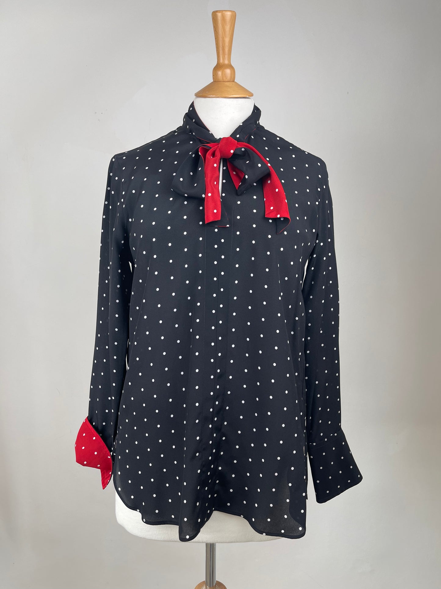 Black Pussy Bow Blouse with White Spot and Red Accents by Paul Smith | Size S