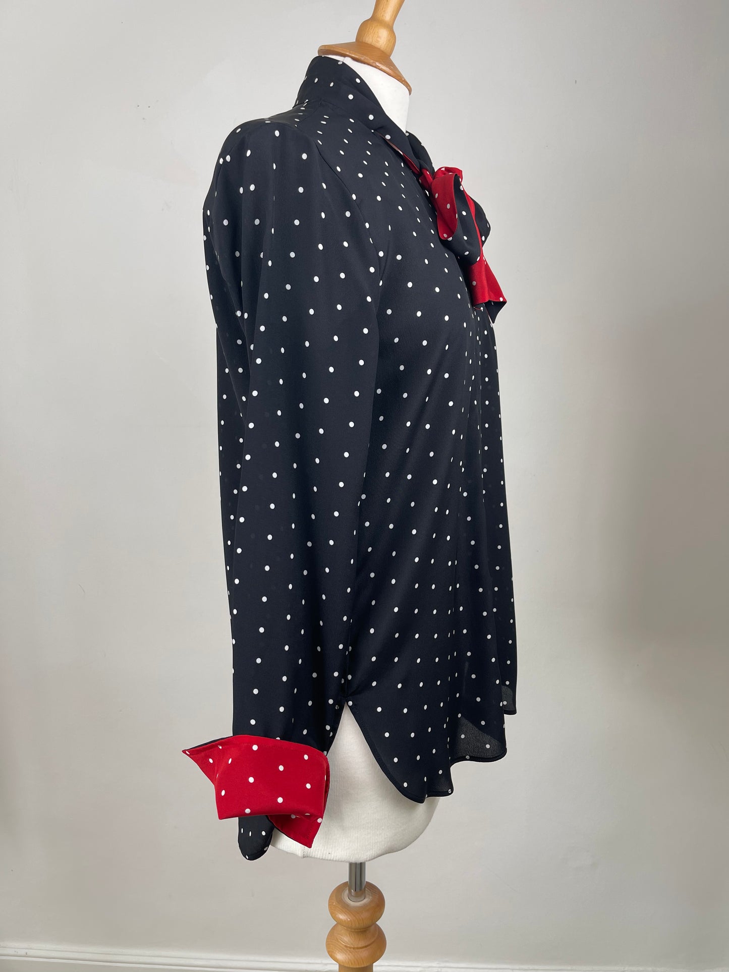 Black Pussy Bow Blouse with White Spot and Red Accents by Paul Smith | Size S