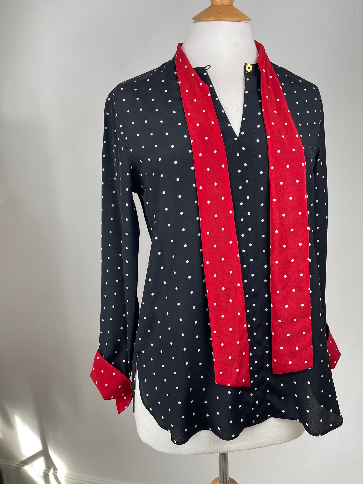 Black Pussy Bow Blouse with White Spot and Red Accents by Paul Smith | Size S