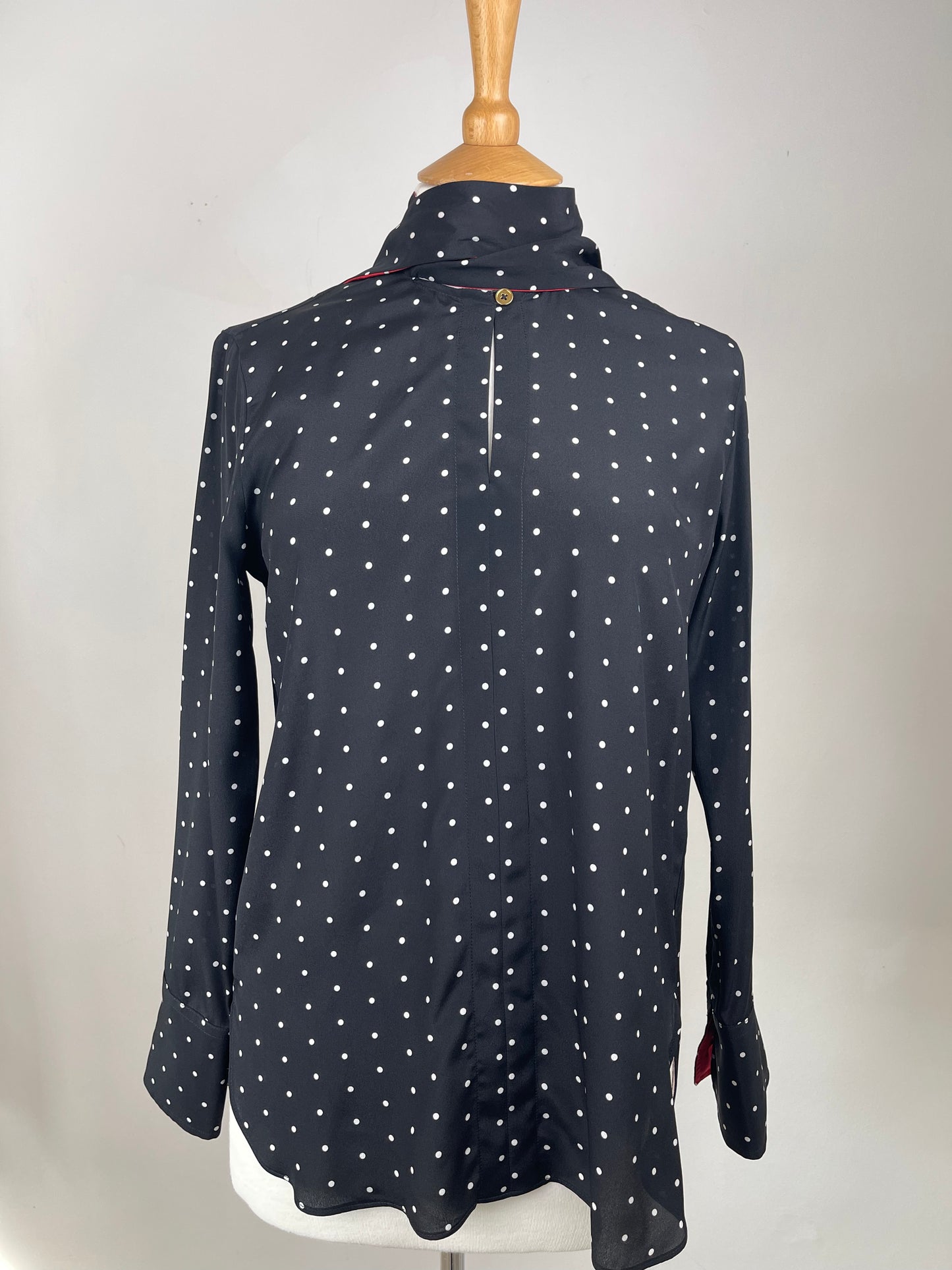 Black Pussy Bow Blouse with White Spot and Red Accents by Paul Smith | Size S