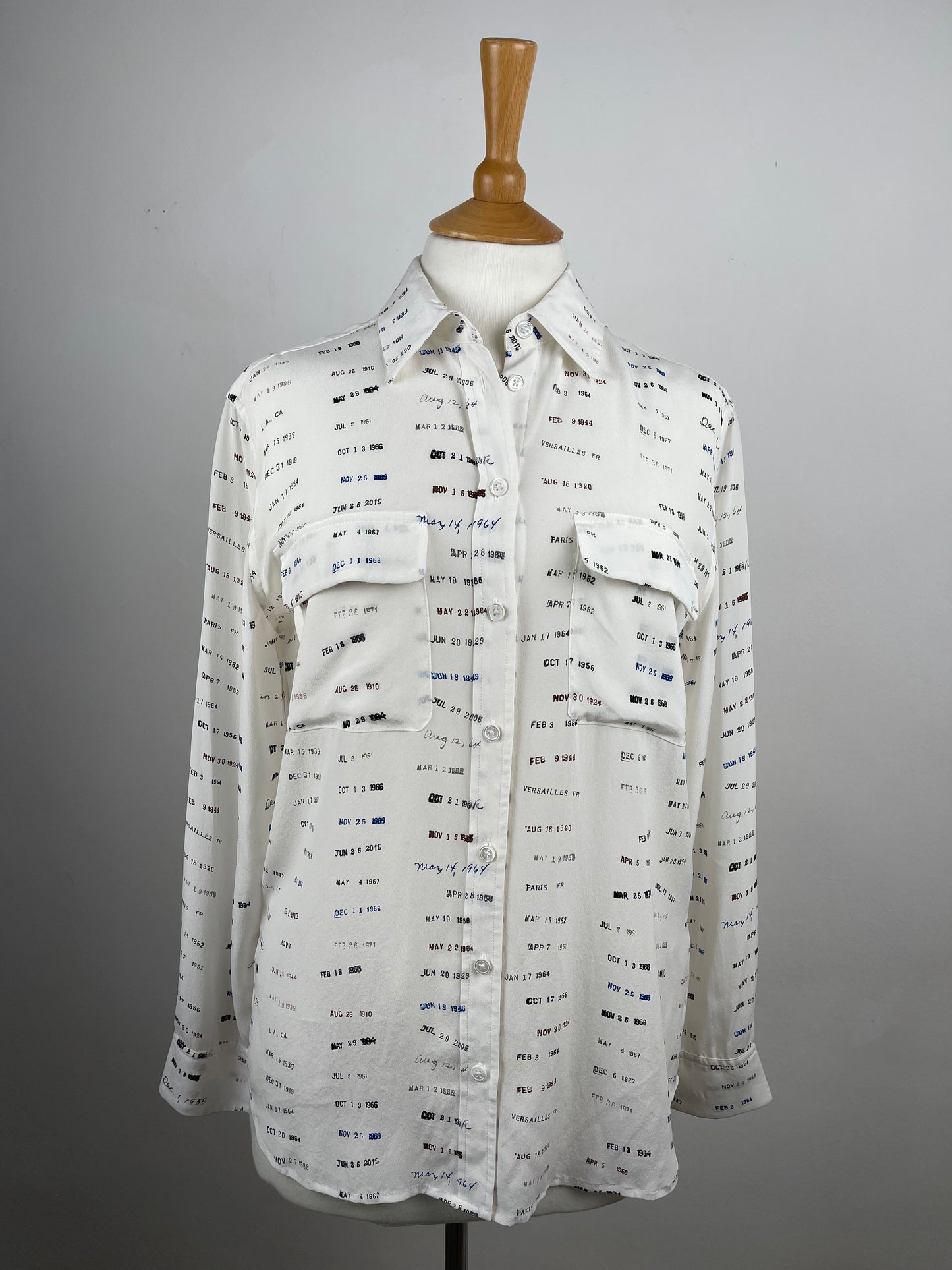 White Silk Blouse with Date Print by Equipment | Size S