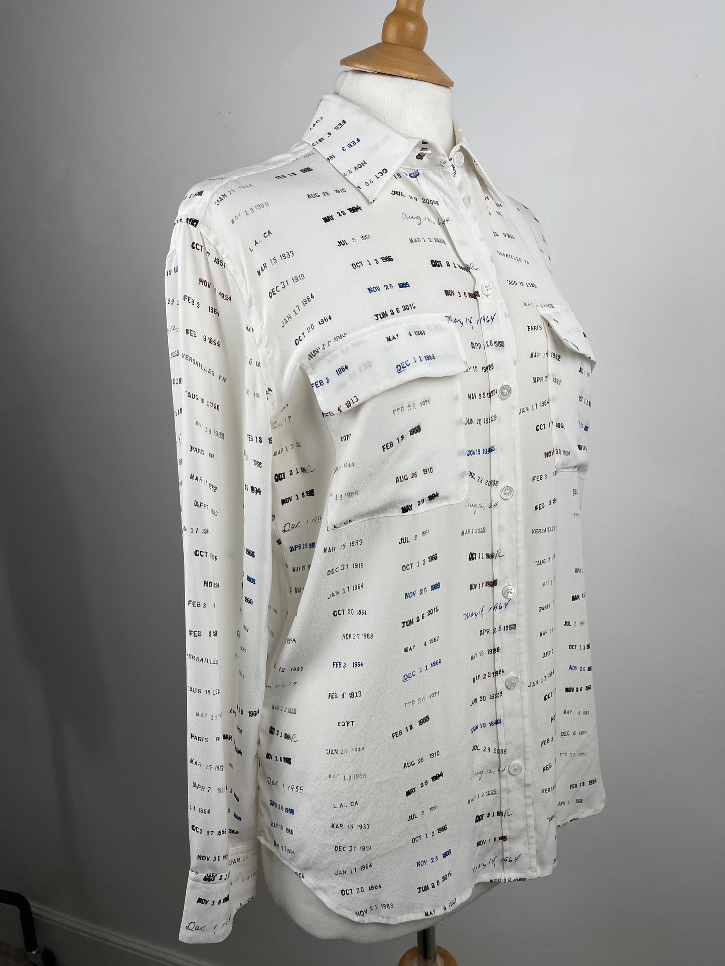 White Silk Blouse with Date Print by Equipment | Size S