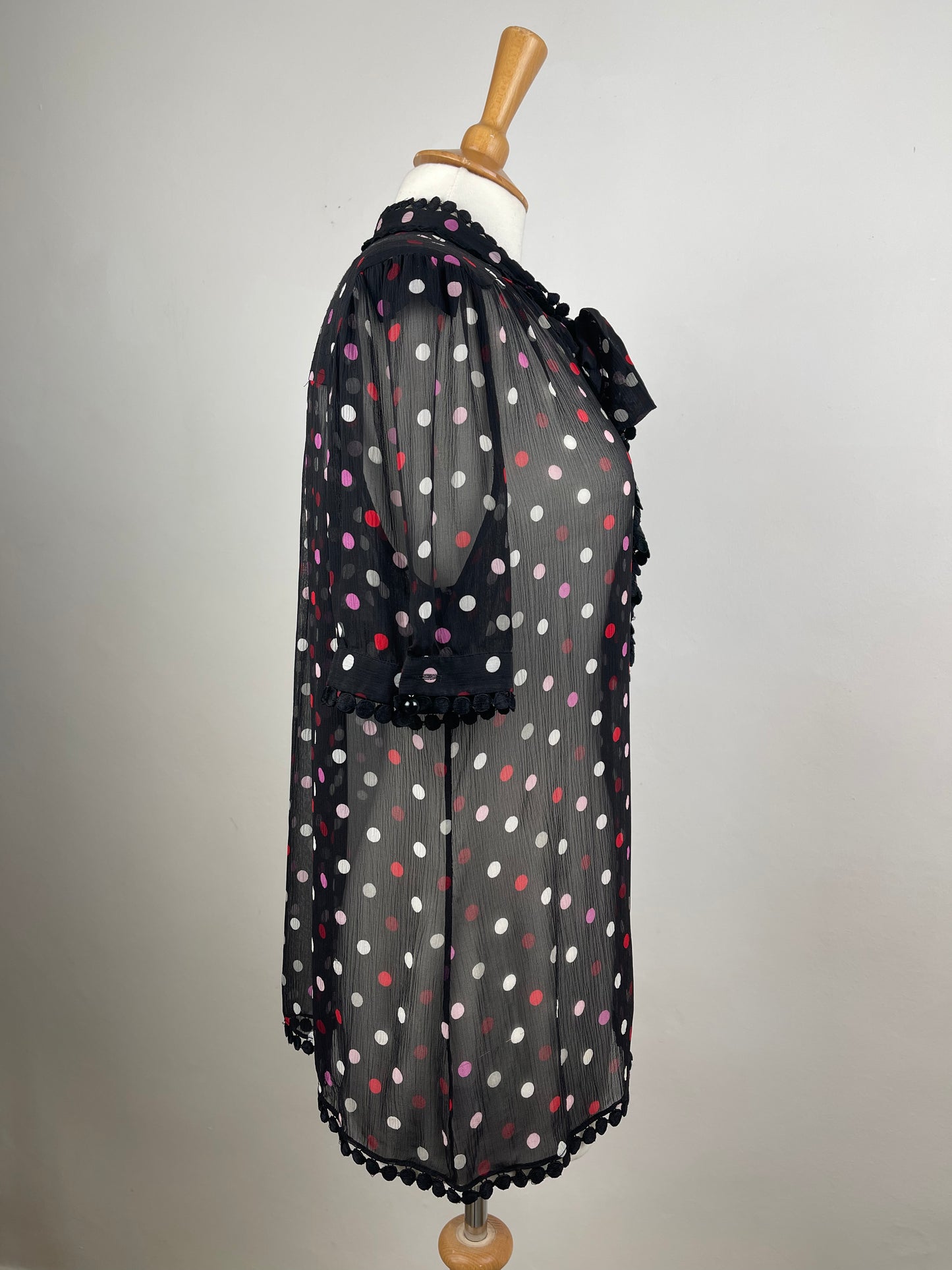 Black Polka Dot Sheer Chiffon Silk Blouse by Jaeger | M