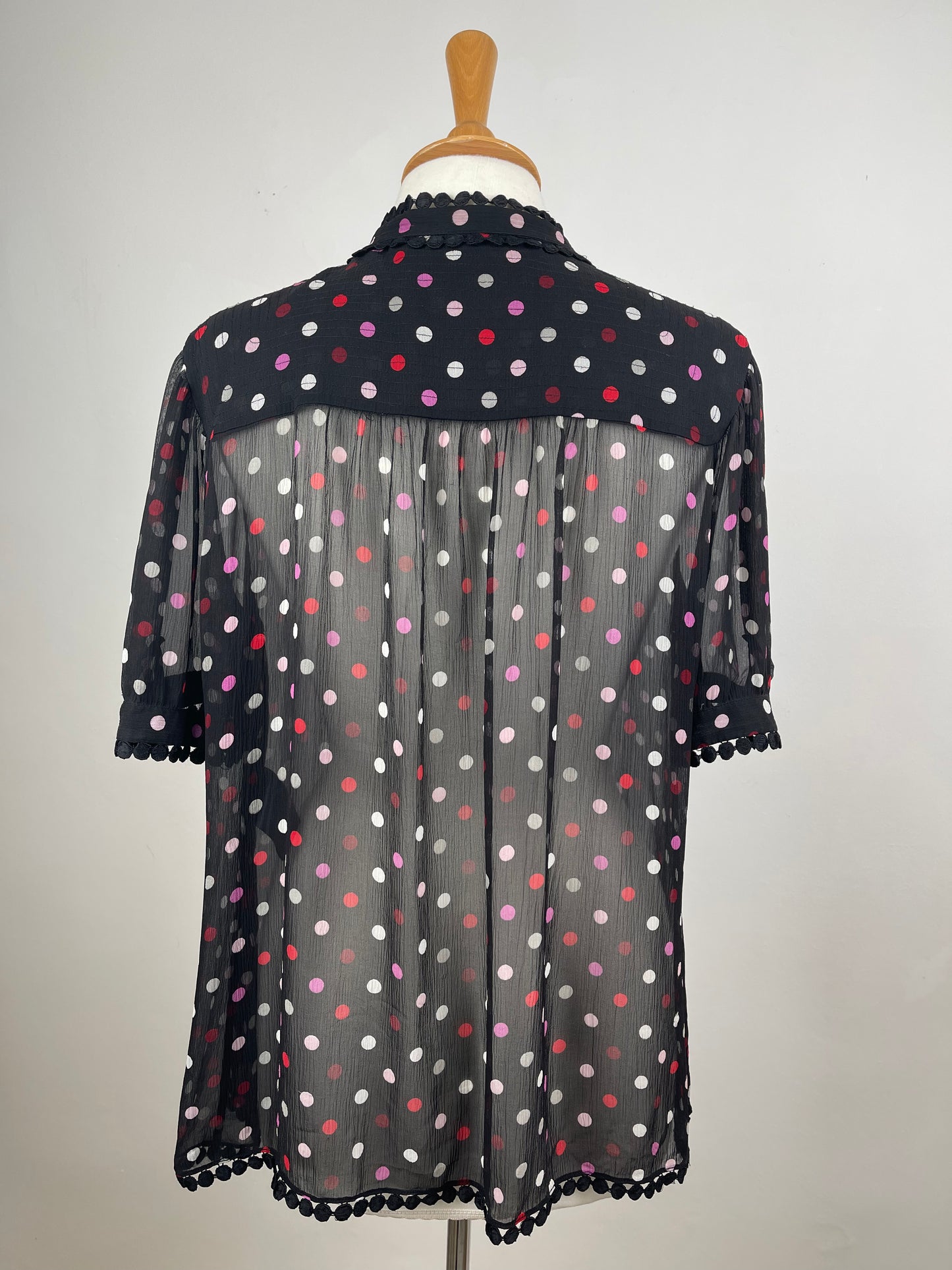 Black Polka Dot Sheer Chiffon Silk Blouse by Jaeger | M