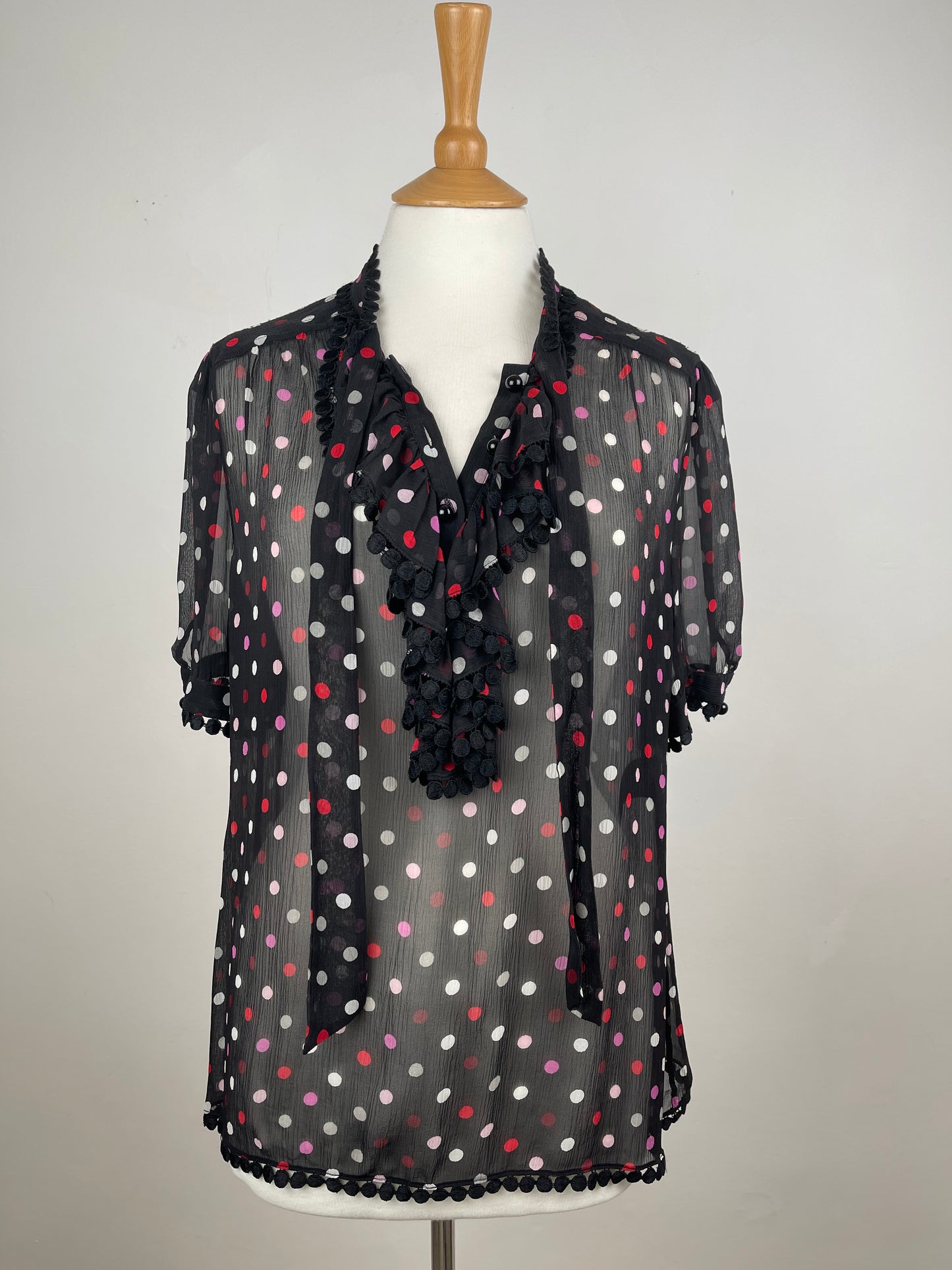 Black Polka Dot Sheer Chiffon Silk Blouse by Jaeger | M