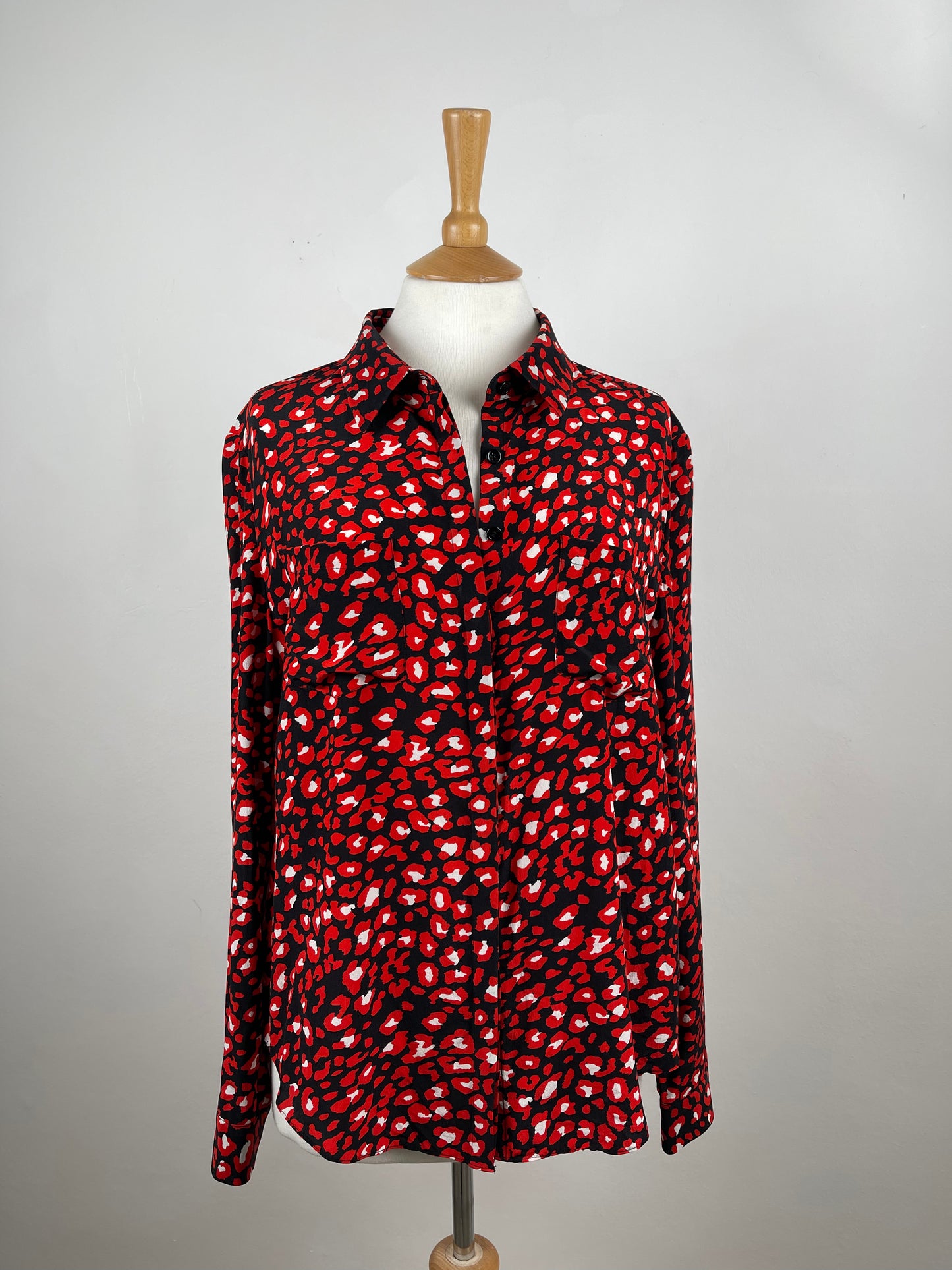Red, Black & White Patterned Silk Blouse by Jaeger | Size L