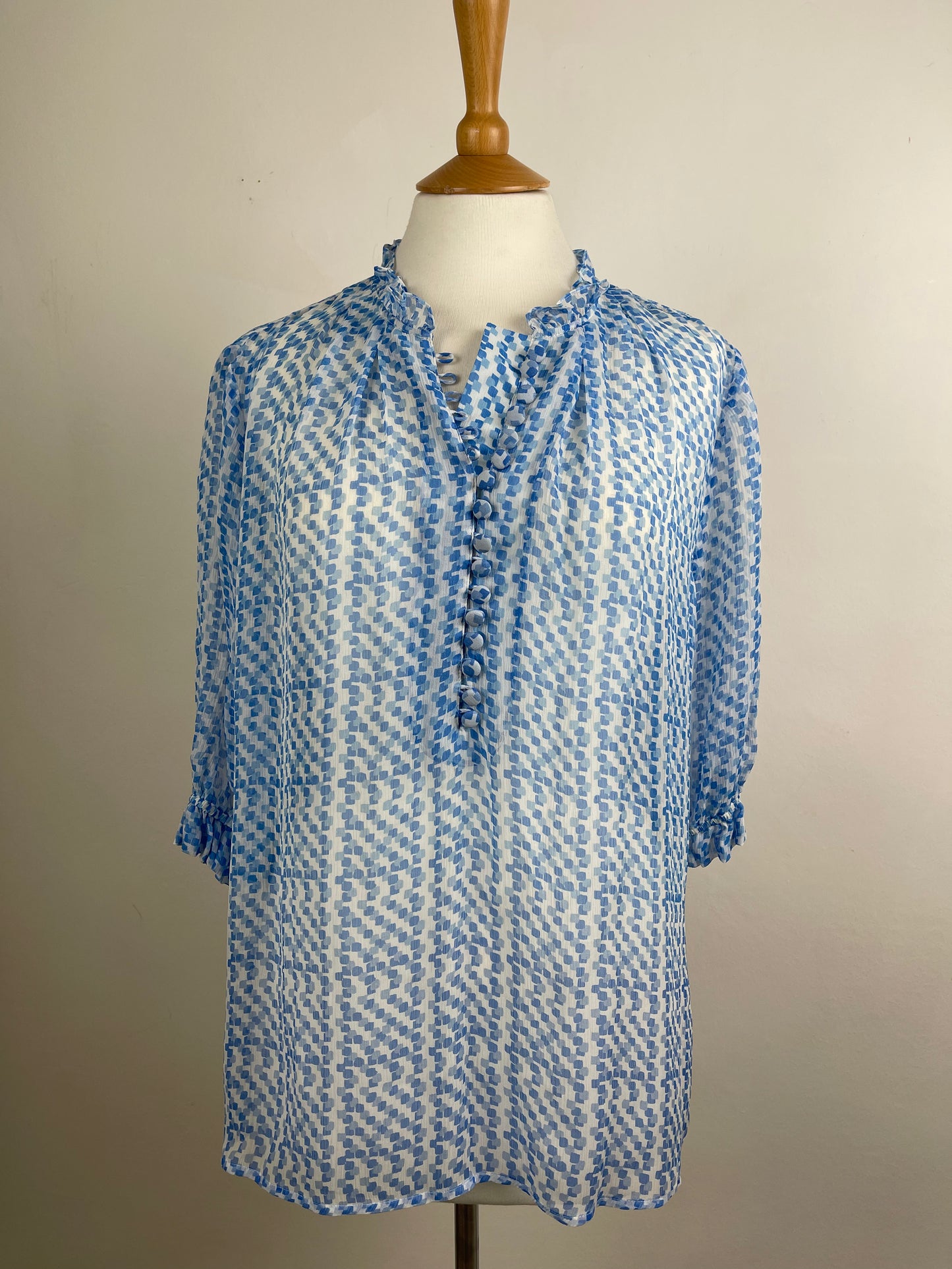 Blue and White Short Sleeve Silk Blouse by The Fold | L