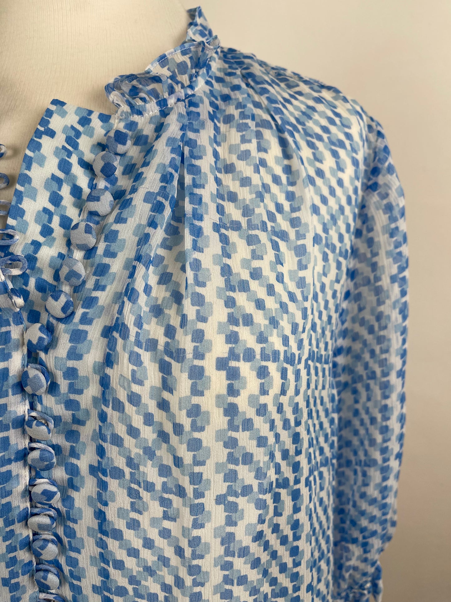 Blue and White Short Sleeve Silk Blouse by The Fold | L