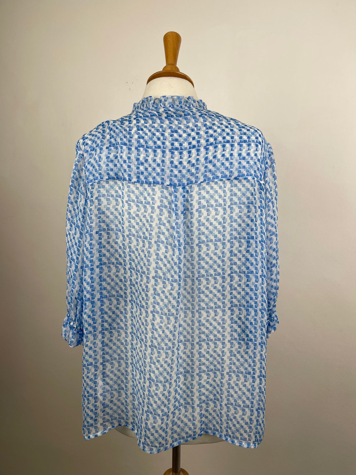Blue and White Short Sleeve Silk Blouse by The Fold | L