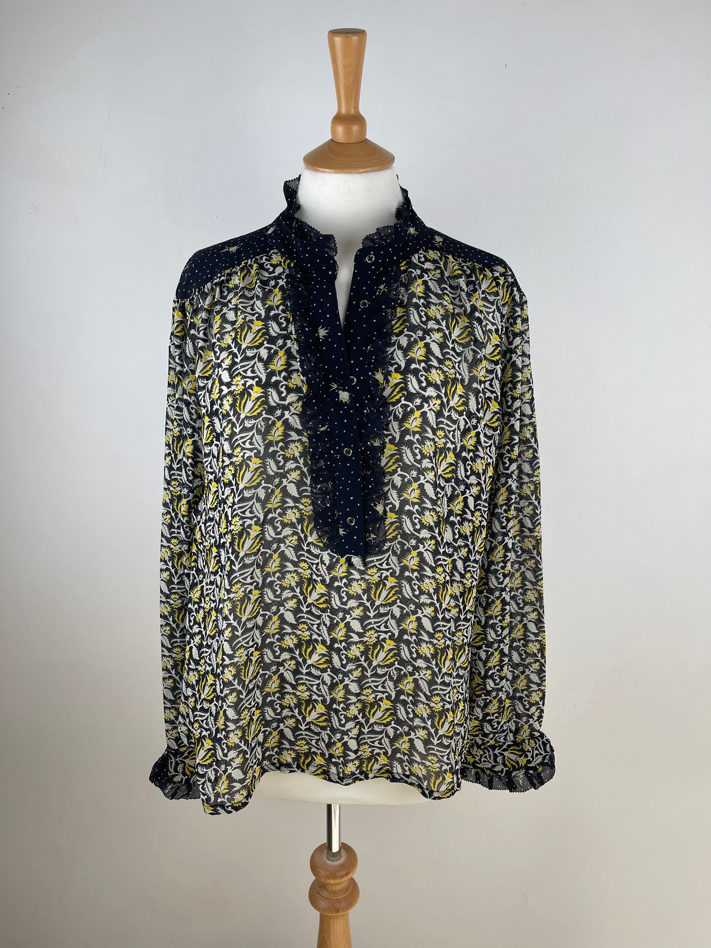 Black White and Lemon Silk Blouse by Brora | Size L