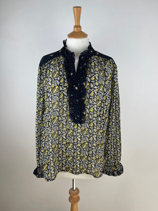 Black White and Lemon Silk Blouse by Brora | Size L