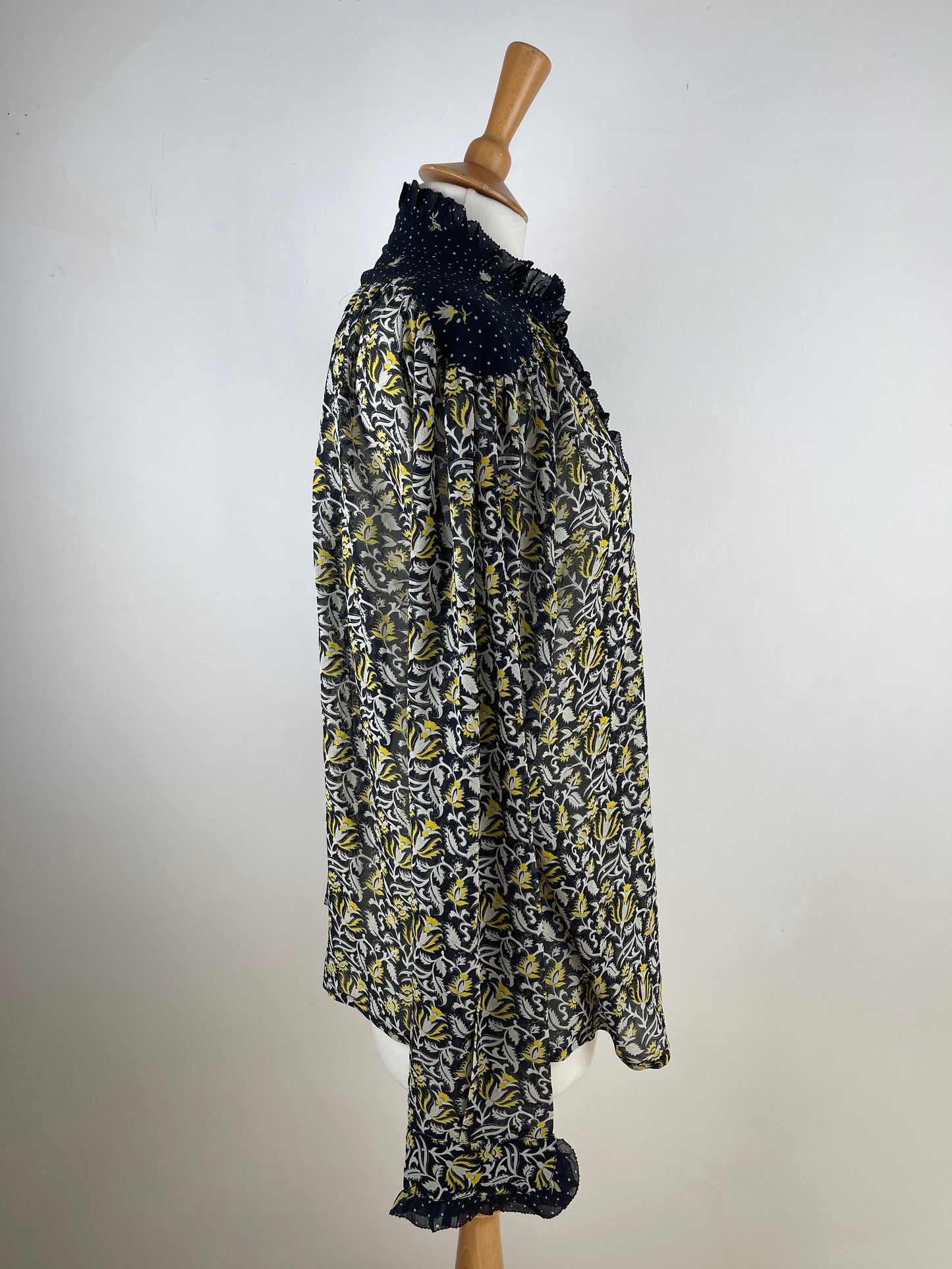 Black White and Lemon Silk Blouse by Brora | Size L