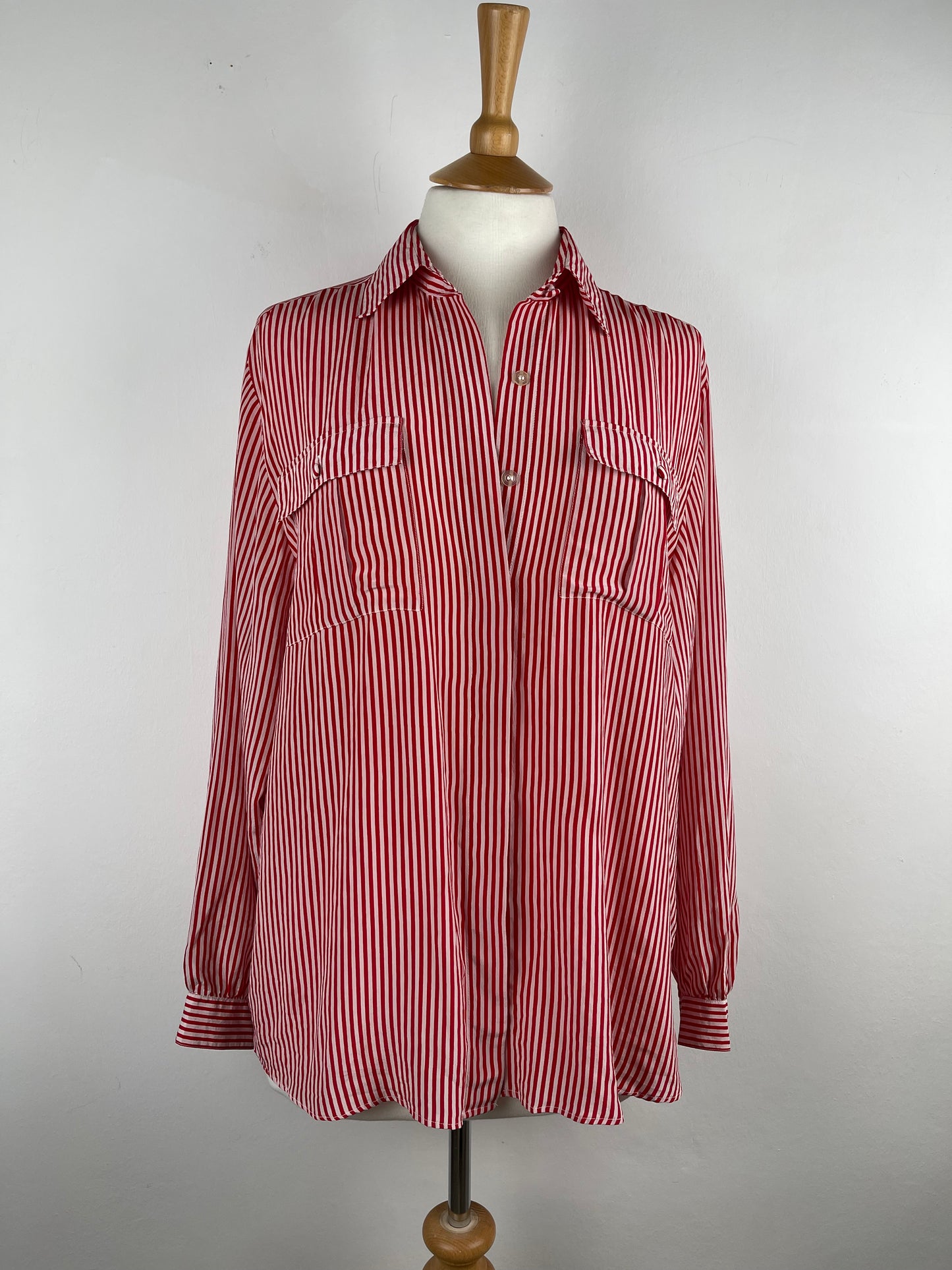 Red and White Stripe Silk Blouse Vintage French | Size L