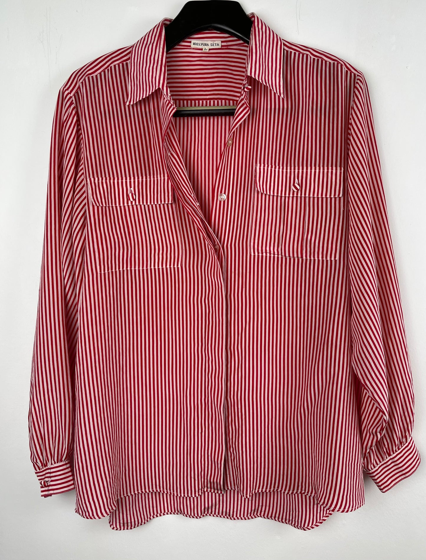 Red and White Stripe Silk Blouse Vintage French | Size L