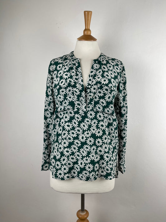 White and Green Daisy Print Silk Blouse by Whistles | Size S