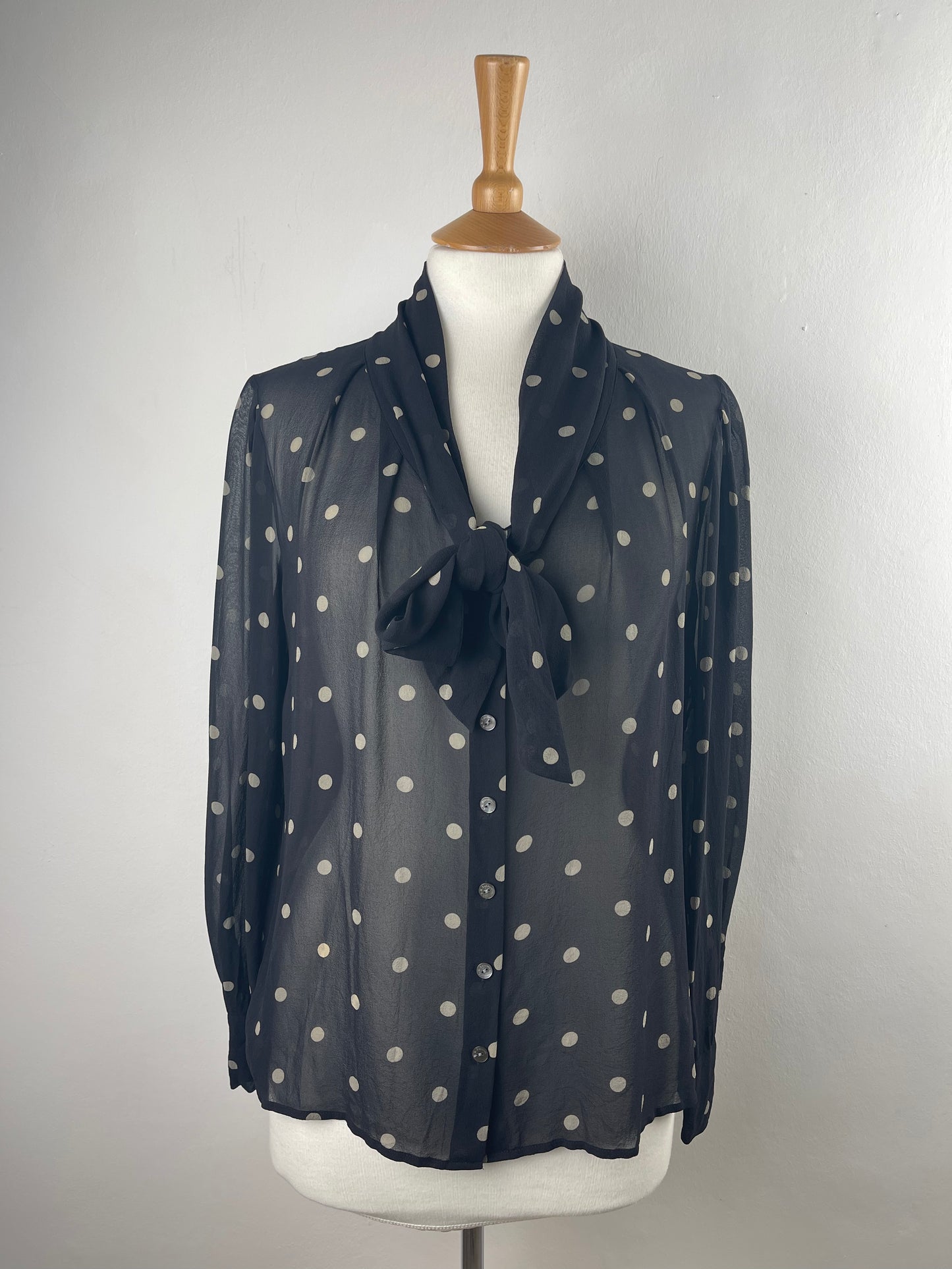 Black and White Polka dot Silk Chiffon Blouse by LK Bennett | Size M
