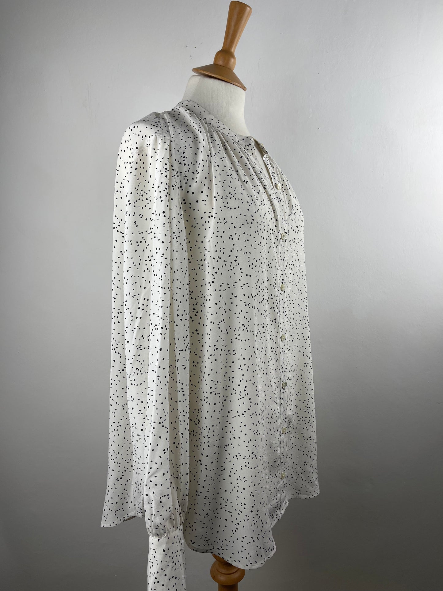 White and Black Spot Silk Blouse by Equipment | Size L