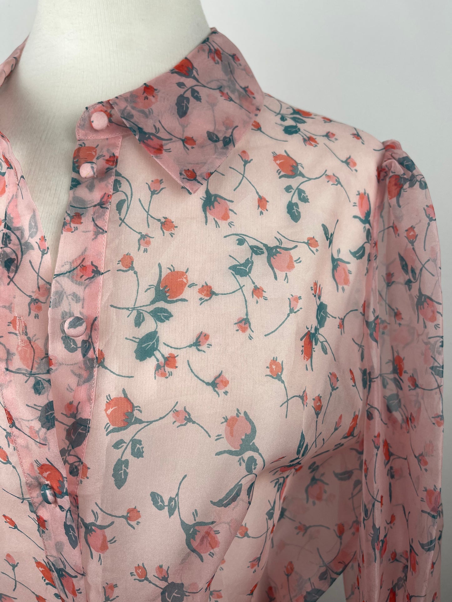 Rare Pink Organza Rose Bud Print Silk Blouse by LK Bennett | Size L