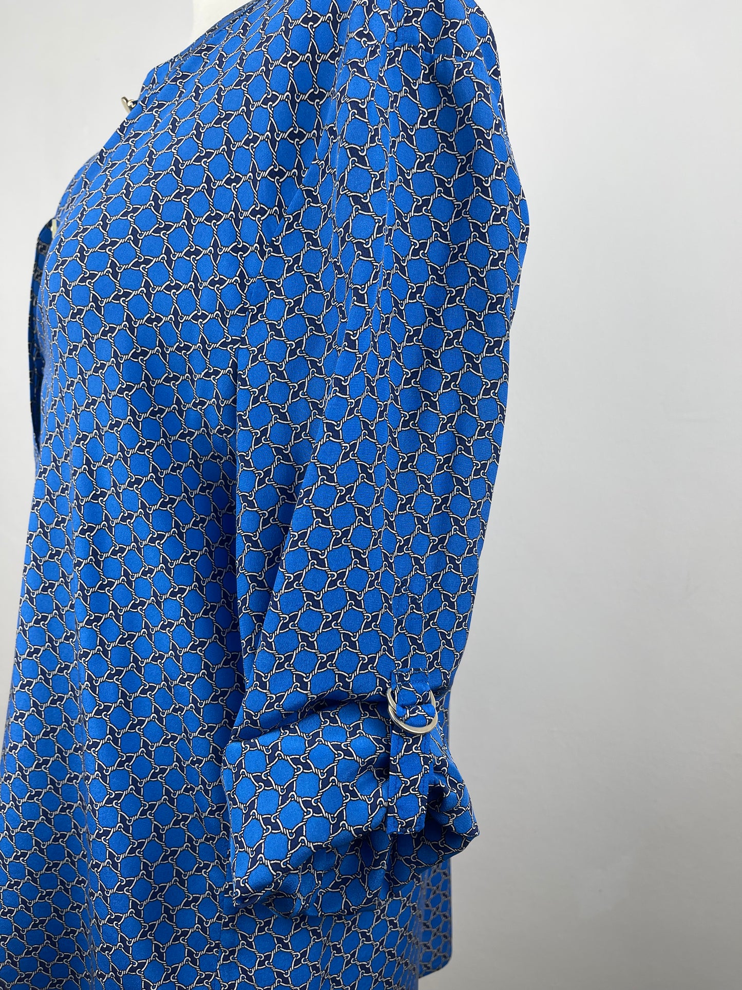 Blue Silk Crepe de Chine Classic Print Silk Blouse by Anne Taylor | Size L