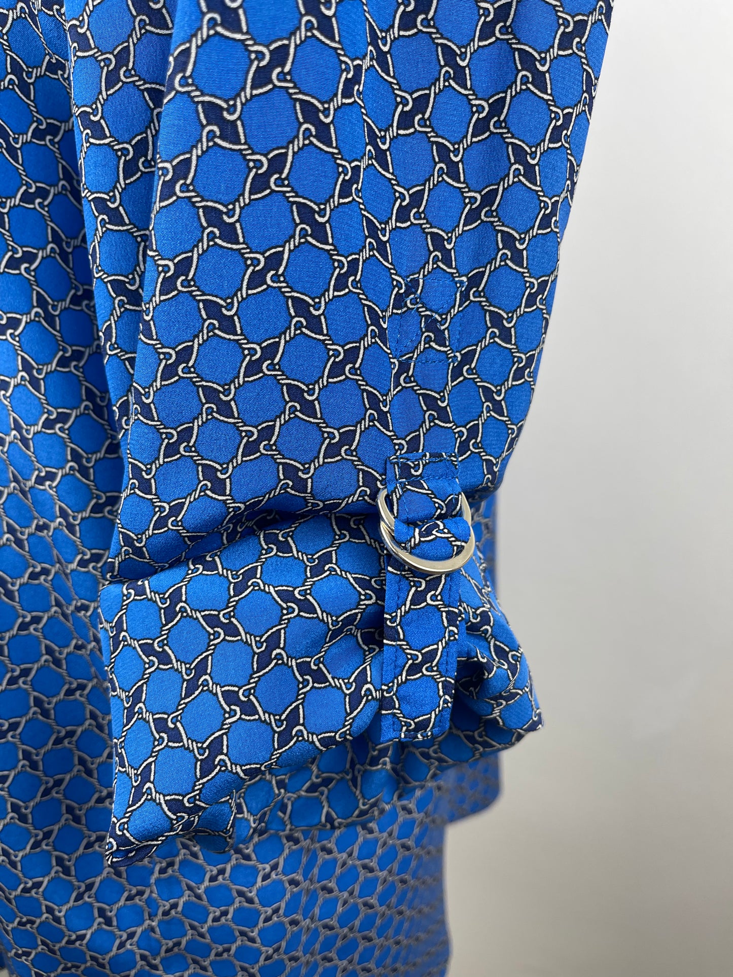 Blue Silk Crepe de Chine Classic Print Silk Blouse by Anne Taylor | Size L