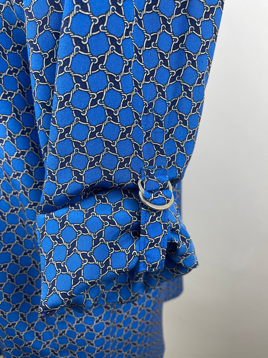 Blue Silk Crepe de Chine Classic Print Silk Blouse by Anne Taylor | Size L