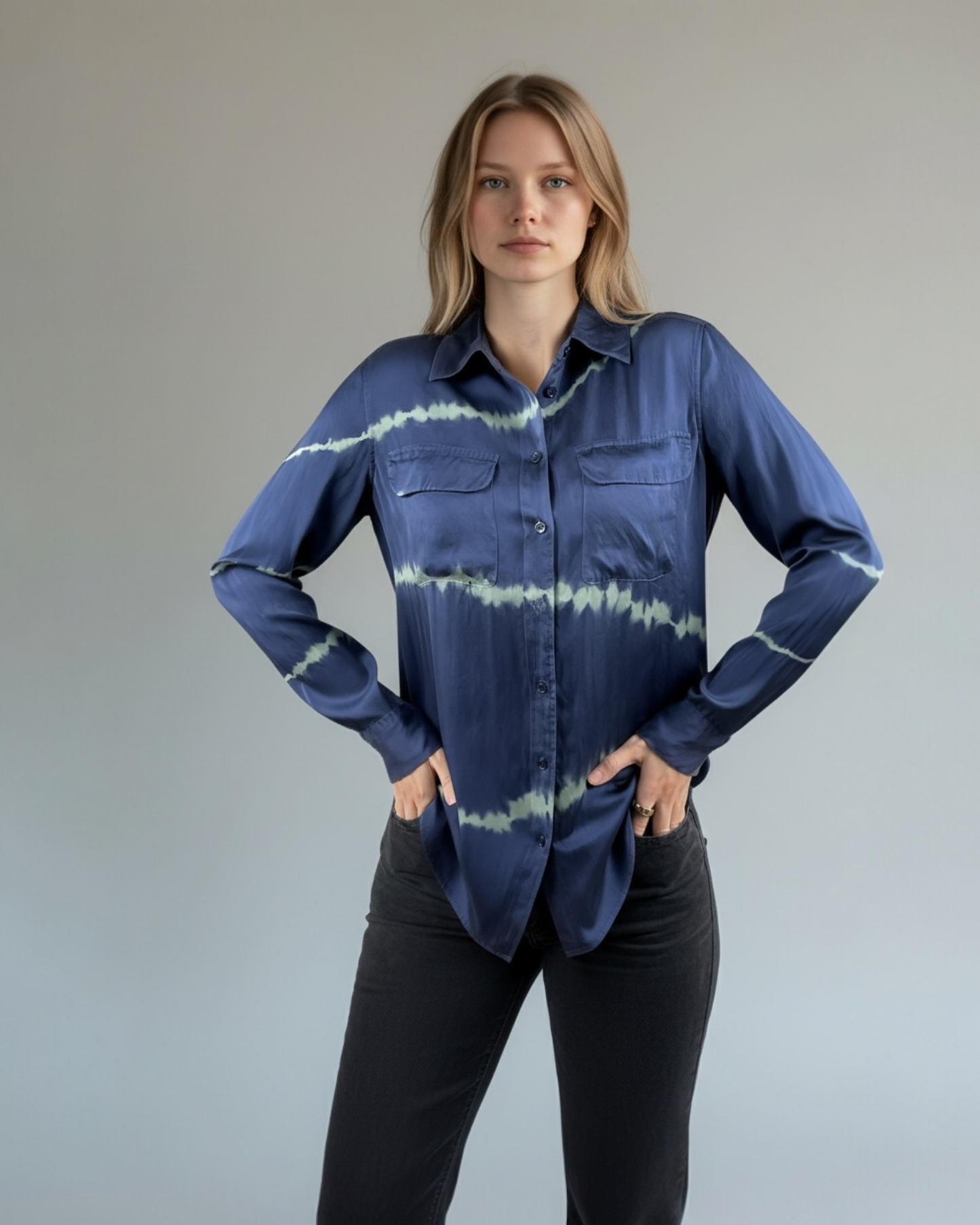 Navy Tie Dye Satin Blouse by Equipment | Size S