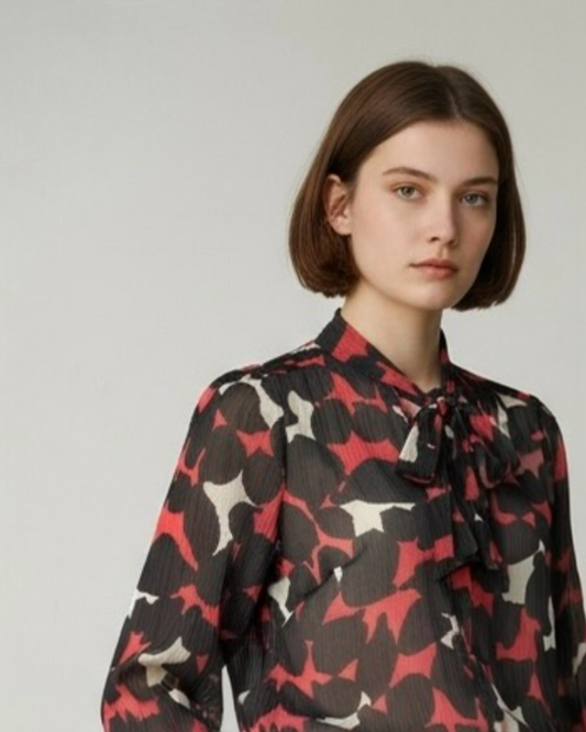 Red & Black Chiffon Silk Blouse by Jaeger London | Size M