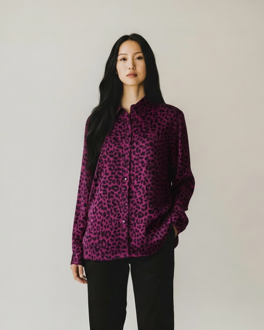 Cerise Pink & Black Satin Silk Blouse by Jaeger | Size M