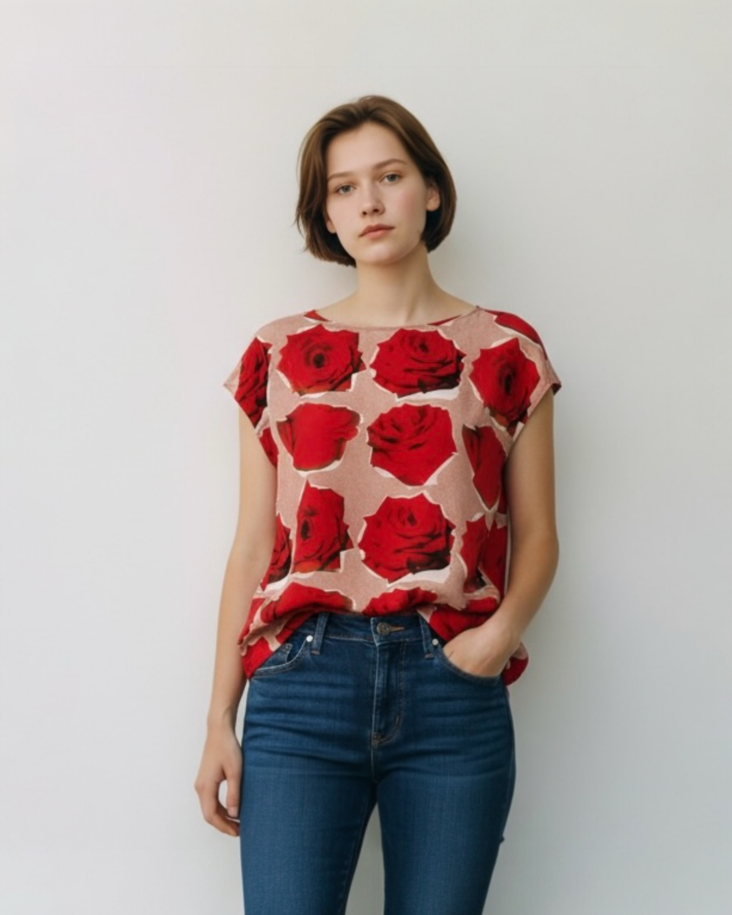 Red & White Rose Print Silk Top by Paul Smith | Size M